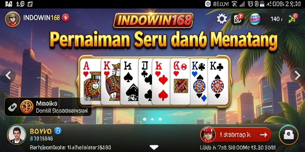 Tampilan screenshot utama INDOWIN168 yang menunjukkan gameplay Domino yang dinamis.