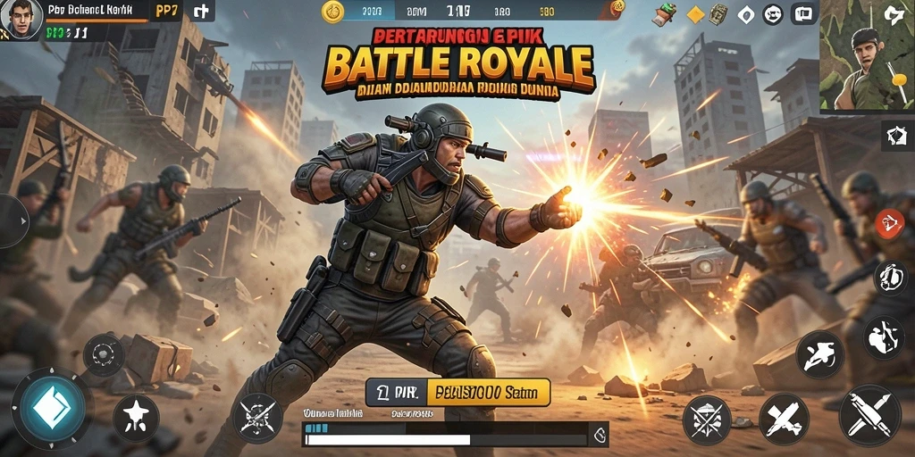 Screenshot gameplay PP7 yang menampilkan aksi seru dalam pertempuran Battle Royale.