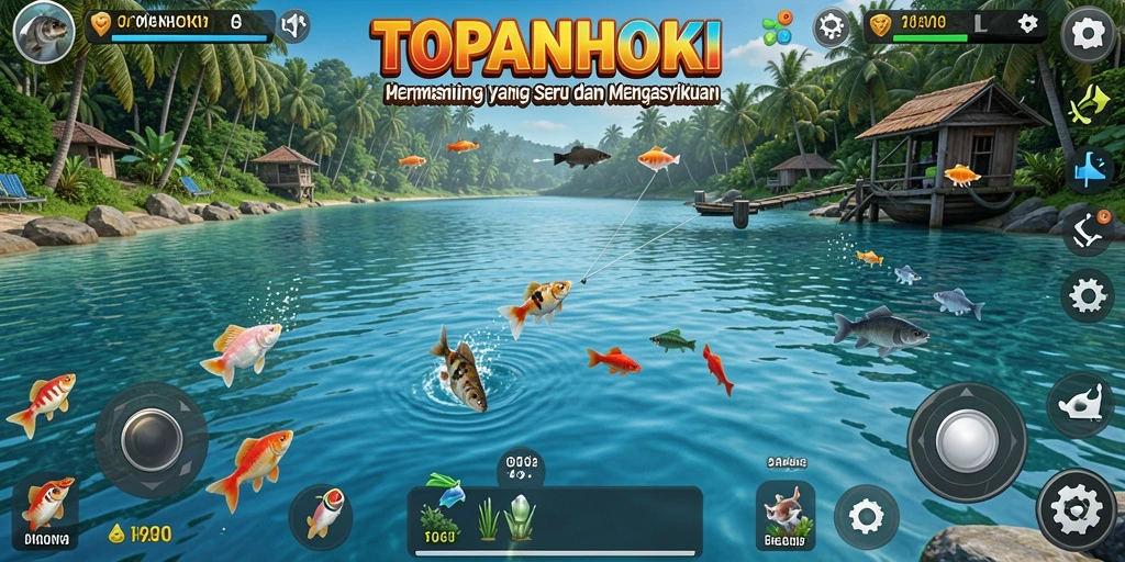 Tampilan gameplay seru dari TOPANHOKI dengan aksi memancing yang mendebarkan.
